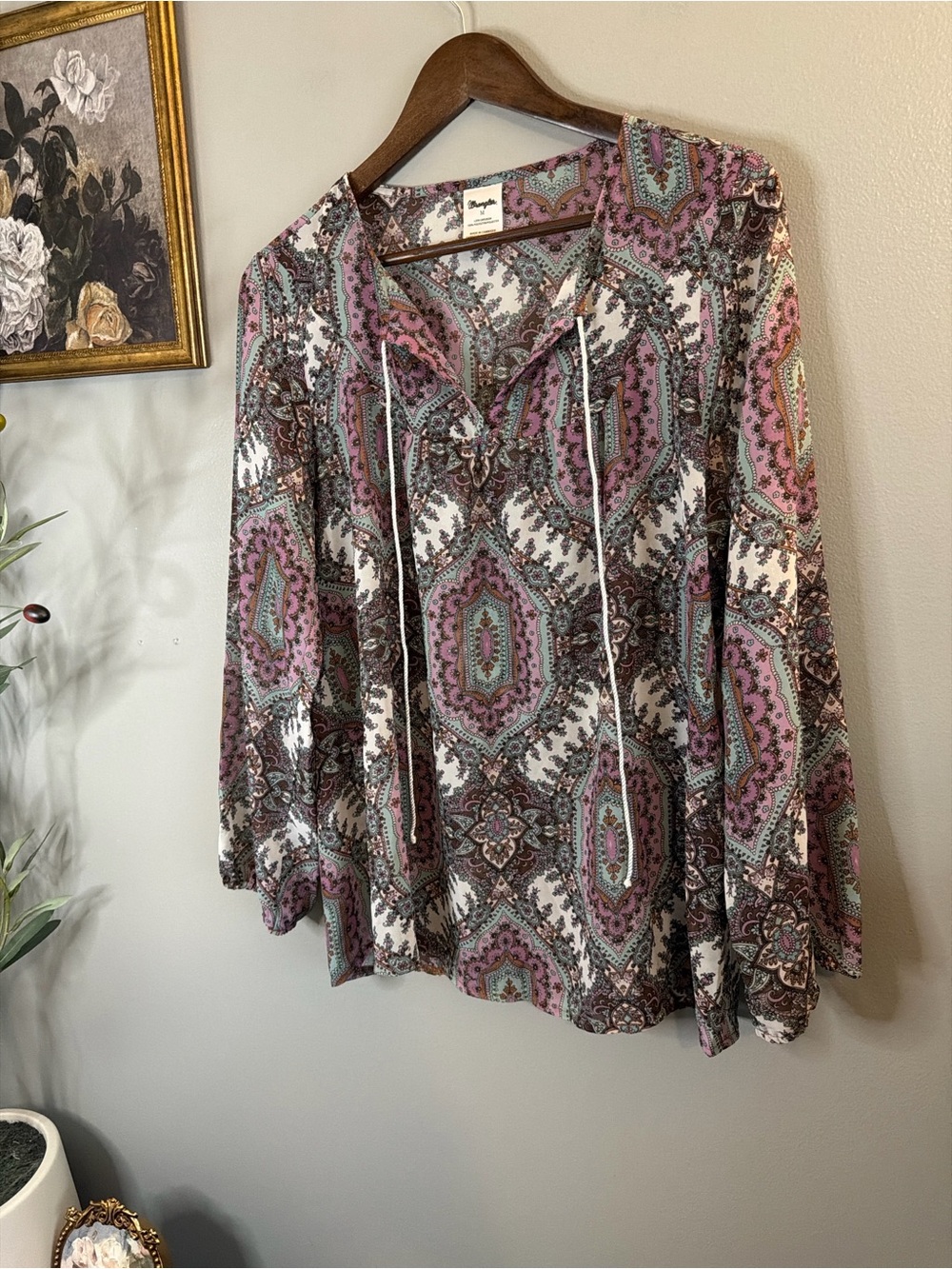 Wrangler Paisley Peasant Blouse Medium Boho Western Tie Neck Long Sleeve - Picture 4 of 12